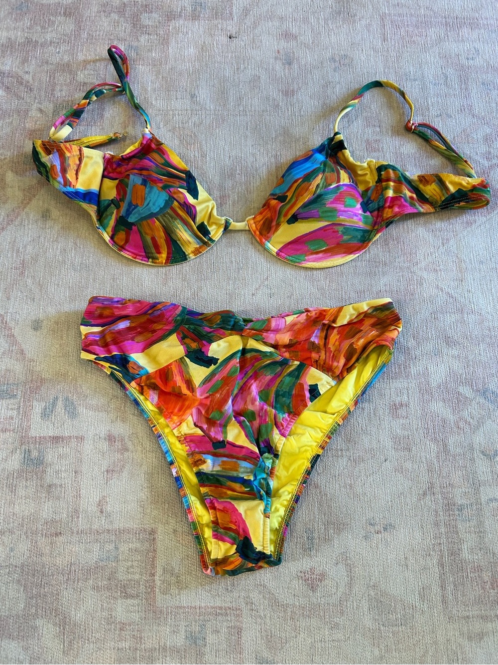 FARM Rio Yellow Tie-strap Bikini Top with Multicolor Straps